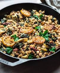 One Skillet Lemon Chickpea Orzo The Crooked Carrot Vegetarian Vegan Recipes Vegetarian Recipes Recipes