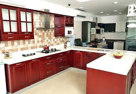 U Shaped Kitchen With False Ceiling And Maroon Cabinets Livingroom Livingroomdecor Kitchen Design Modern Small Interior Design Kitchen Kitchen Design Small