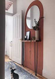 Hallway Colour Block Painted Wall Arch Interior Decor Styling Red Earth Circular Mirror And Cosole Hallway Colours Arch Interior Colour Blocking Interior