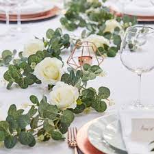 Ginger Ray Eucalyptus White Flower Garland 6 1 2ft Wedding Table Garland Rustic Wedding Decor White Roses
