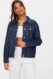 Black And Blue Split Denim Jacket Womens Prettylittlething Oversized Denim Jacket Blue Denim Jacket Blue Denim Jacket Outfit Denim Jacket Women