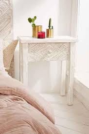White Carved Wood Drawer Nightstand Wood Nightstand Boho Bedside Table Wooden Bedside Table