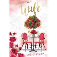 Whether you choose a cake, a gift certificate, or even a little present, you can surprise your beloved wife with a cake that fills her with joy, happiness, love. Wife Champagne Flutes Table Chairs Flowers Design Happy Birthday Card