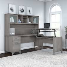 Combined with a storage cabinet, you can avoid clutter throughout your space. 72w 3 Position Sit To Stand L Shaped Desk With Hutch In Platinum Gray