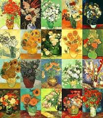 Pintura con fores y hojas en florero, sobre una mesa, al lado de un libro amarillo. Tulipas Amapolas Rosas Lirios Cravos E Logicamente Girassois Painel De Flores De Van Gogh 3 Arte Van Gogh Artistas Pintores
