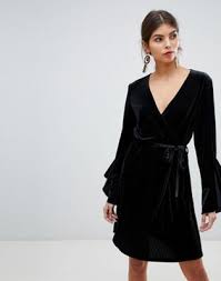 Vila Vila Velvet Sleeve Ruffle Wrap Dress Dresses Velvet Sleeve Black Velvet Dress