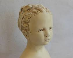 Vintage Chalk Plaster Bust of Young Woman Girl With Hair Bow Sculpture  Statue Bust