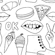 Les dejamos esta recolección de dibujos para consentir a los pequeños de la casa, los puedes usar para hacer pequeños cojines, playeras, pellón para que los pinten, con técnica de sublimación o bien un cuadernillo para colorear. Sin Fisuras Patron Blanco Y Negro Con Insignias De Parche Manera Con Los Labios Y Otros Elementos Fondo Del Vector Con Pegatinas Pins Parches En Los Dibujos Animados 80s 90s Estilo Comico Ilustraciones