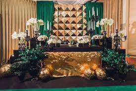 Gold And Emerald Green Backdrop With Gold And Black Candleabra And Candleholders Now Availabl Gold Wedding Theme Green Themed Wedding Green Wedding Decorations