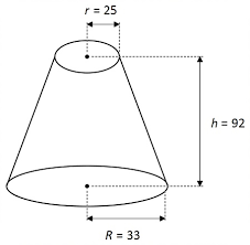 A = πr (r + l) a = π * 5 * (5 + 15) = 314.16 in². Find The Volume Of The Frustum Of A Right Circular Cone With Height H 92 Lower Base Radius R 33 And Top Radius R 25 Provide A Sketch Study Com