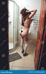 Young Woman Posing in the Bathroom. Stock Photo - Image of shorts, sensual:  79931134
