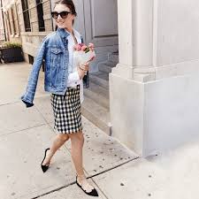 Black And White Checkered Denim Jacket Black And Cream Wrap Skirt Jean Jacket Black Ankle Wrap Flats J Crew Fashion Style Clothes
