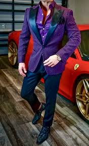 Black And Purple Tuxedo Purple Tuxedo Jacket With Navy Satin Peak Collar Black Pants And Black Shoes And Men S Watch Tuxedo Wedding Groom Custom Tuxedo Purple Tuxedo Custom Suit