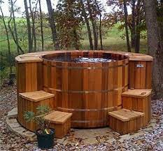 We loved this japanese soaking tub nestled in a bed of river rocks against the bluestone wall. Pin On House