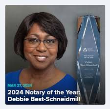 Congratulations to Debbie Best-Schneidmill! We will honor Debbie and her  many outstanding achievements when she accepts the National Notary  Association's honor of 2024 Notary of the Year trophy on…