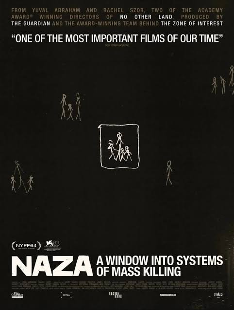 Primer poster de #NAZA, documental de los ganadores del Oscar Yuval Abraham  y Rachel Szor (#NoOtherLand), premio especial del Jurado en Venecia. La  película narra la matanza masiva y continuada de civ