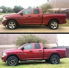 Before And After Of A Dodge Ram We Did A Body Lift Suspension Lift And New Wheels And Tires This Truck Is Looking Pretty Sweet Lifted Truck Trucks Lift Kits