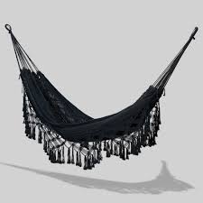 Hammock hanging swing chair in black and white stripes. Mayan Hammock Crochet Fringe Black Hanging Chair Single Double Patio Swing Camp