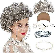 Old Lady Cosplay Set - Grandmother Wig, Wig Cap,Madea Granny Glasses,  Eyeglass Chains Cords Strap, Pearl Beads : Amazon.ca: Clothing, Shoes &  Accessories