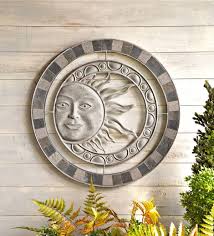 Radiant sun metal wall decor (set of 2) the easiest way to bring sun all year long into your home and garden is with a fabulous piece of sun decor. Our Sun Wall Art Brings A Ray Of Sunshine To Your Wall On A Cloudy Day Featuring A Lovely Smiling Su Outdoor Wall Art Outdoor Sun Wall Art Earth Tone Wall