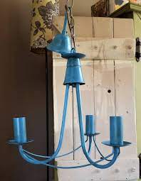 Modern Ceiling Light Fixture Upcycled In Annie Sloan Giverny Same Colour Candle Sleeves Pendant Cha Ceiling Pendant Lights Ceiling Lights Blue Pendant Light