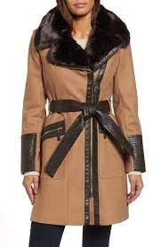 Via Spiga Faux Leather Faux Fur Trim Belted Wool Blend Coat Faux Fur Trim Coat Coat Asymmetrical Coat