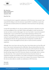 In academic situations, a student might appeal a course grade, an inadequate financial aid award, a denial of financial aid, an unfavorable admissions decision, probation or a warning for unsatisfactory academic progress, or dismissal from college. Follow Our Professional Readmission Letter Sample Tips