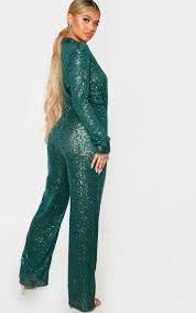 Green Sequin Collar Detail Jumpsuit Prettylittlething Ksa