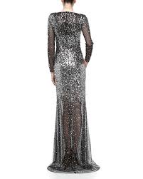 Three Quarter Sequin Encrusted Mesh Gown Black Silver