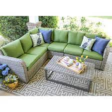 Leisure Made Forsyth 5 Piece Wicker Outdoor Sectional Set With Green Cushions 299231 Grn The Home Depot Wicker Outdoor Sectional Green Cushions Outdoor Cushions