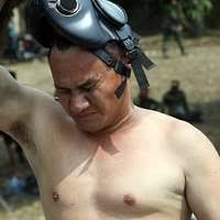 A Royal Moroccan Armed Forces soldier is in a gas mask