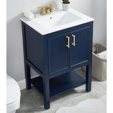 Allen Roth Presnell 24 In Navy Blue Single Sink Bathroom Vanity With White Porcelain Top Lowes Com Single Sink Bathroom Vanity Bathroom Vanity Tops Bathroom Vanity Combo