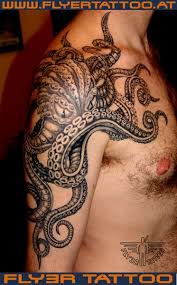 Octopus tattoo sleeve kraken tattoo octopus tattoo design sleeve tattoos ocean life tattoos body art tattoos tribal tattoos polynesian tattoos starfish tattoos. Black Ink Tribal Octopus Tattoo On Man Right Shoulder Tattoos For Guys Tribal Tattoos Tattoos