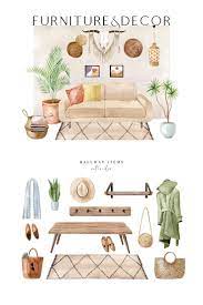 Bohemian House Watercolor Set Interior Boho Interior Design Decor