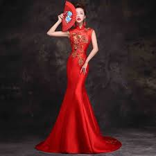 Embroidered 3d Floral Red Satin Mandarin Collar Mermaid Prom Dress Chinese Prom Dress Chinese Bridal Dress Red Wedding Dresses