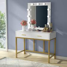 Vanity Table With Lighted Mirror Makeup Vanity Dressing Table With 9 Lights And 2 Drawers For Women Dresser Desk Vanity Set For Bedroom Gold And White Walm In 2020 Bedroom