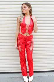 Red Hot Leather Lace Up Pants Shopperboard
