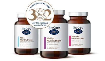 BioCare's specialized multinutrient range featuring amber glass packaging to protect ingredient stability., AI generated