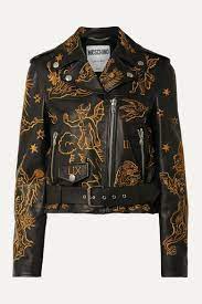 Black Embroidered Leather Biker Jacket Moschino Leather Jacket Clothes Fashion