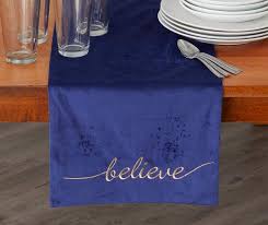 Believe Velvet Table Runner In 2020 Blue Christmas Decor Gold Christmas Decorations Navy Christmas