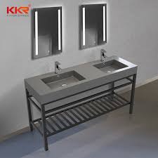 For the vanity, is uses an industrial style freestanding vanity using solid mahogany in natural finish. China Industrial Style Concrete Grey Solid Surface Bathroom Vanity Set With Metal Base China Bathroom Vanity Set Vanity Set