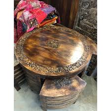 Antique Brown Floral Hand Carved Round Coffee Table With Chairs Amazing Unique Rustic One Of A Kind Coffee Table Coffee Table With Chairs Round Coffee Table