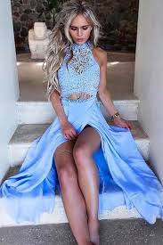 High Neck Two Piece Blue Split Front Long Prom Dress With Lace Ok674 Baby Blue Prom Dresses Piece Prom Dress Split Prom Dresses