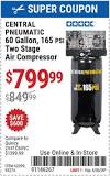 CENTRAL PNEUMATIC 60 gallon 5 HP 165 PSI Two Stage Air ...