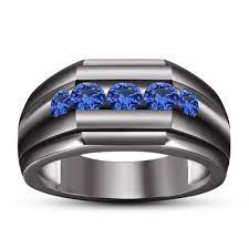 Black Gold Plated 925 Silver Blue Sapphire Five Stone Men S Band Wedding Ring Black Gold Ring Silver Mens Band Black Gold Jewelry