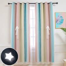 Amazon Com Hughapy Star Curtains Stars Blackout Curtains For Kids Girls Bedroom Living Room Colorful Double Layer Star Cut Out Stripe Window Curtains 1 Panel 52w X 63l Pink Blue Home
