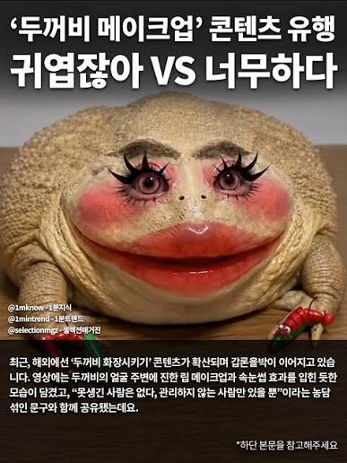 ✓최근, 해외에선 '두꺼비 화장시키기' 콘텐츠가 확산되며 갑론을박이 이어지고 있습니다. 영상에는 두꺼비의 얼굴 주변에 진한 립  메이크업과 속눈썹 효과를 입힌 듯한 모습이 담겼고, “못생긴 사람은 없다, 관리하지 않는 사람만 있을 뿐”이라는 농담 섞인