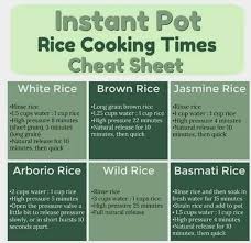 Although most rice cookers advice, 1:1 water ratio or equivalent to 1 cup of rice to 1 cup of water, take note that the rice to water ratio for a rice cooker varies on the following white rice water ratio. Rice Cooking Times Cheat Sheet Instantpot