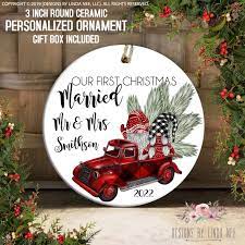 Our First Christmas Married Gnome Gift Red Pickup Truck Etsy Gnome Gift Personalized Christmas Ornaments First Christmas Married