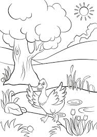 Tolle anregungen und wertvolle tipps rund ums dekorieren finden sie in unserem aktuellen blog. Coloring Pages Cute Duck Runs From The Pond There Are Tree Flowers And Reeds Around Summer Royalty Free Cliparts Vectors And Stock Illustration Image 56005043